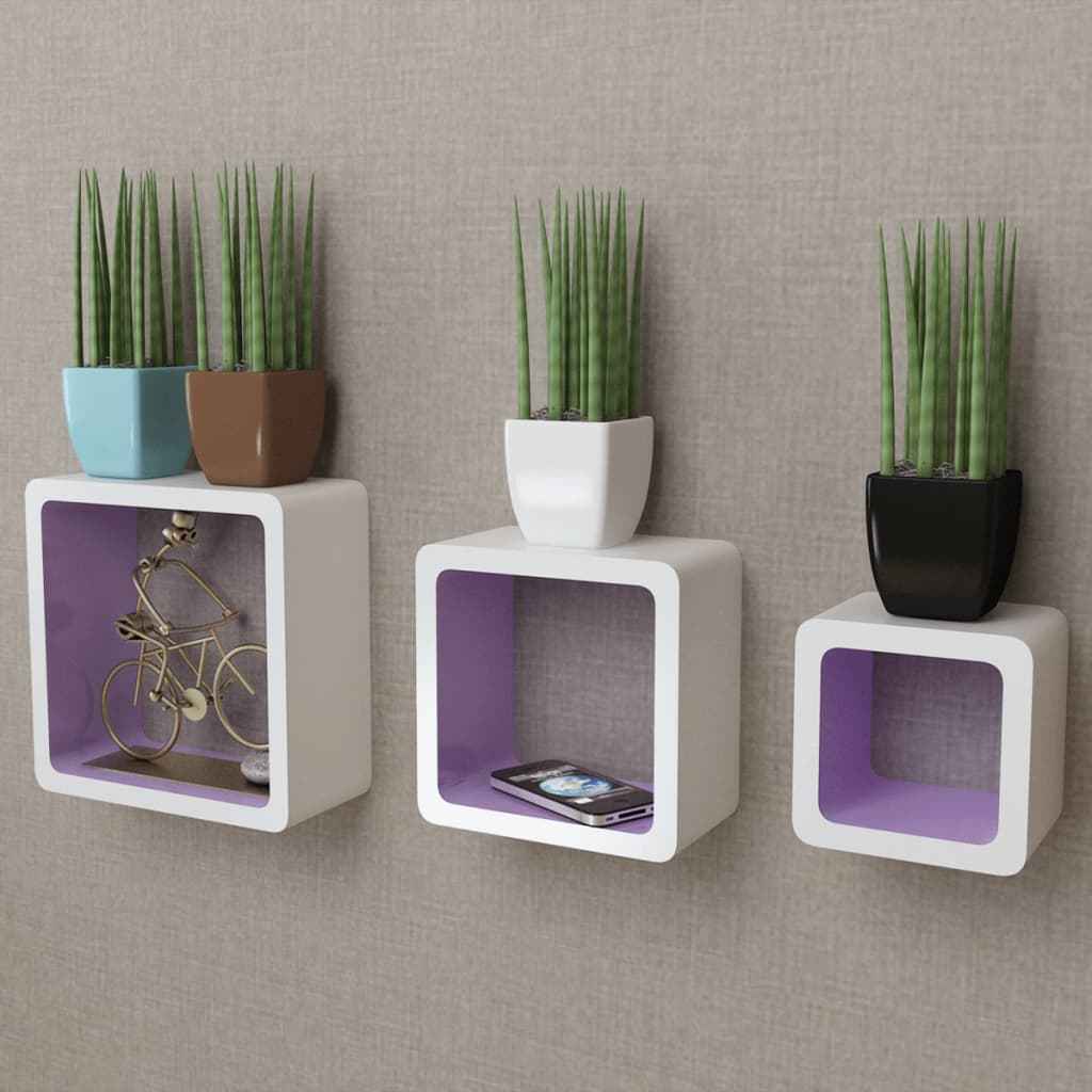 Wandplanken kubus MDF zwevend voor boeken/dvd wit-zwart 3 st