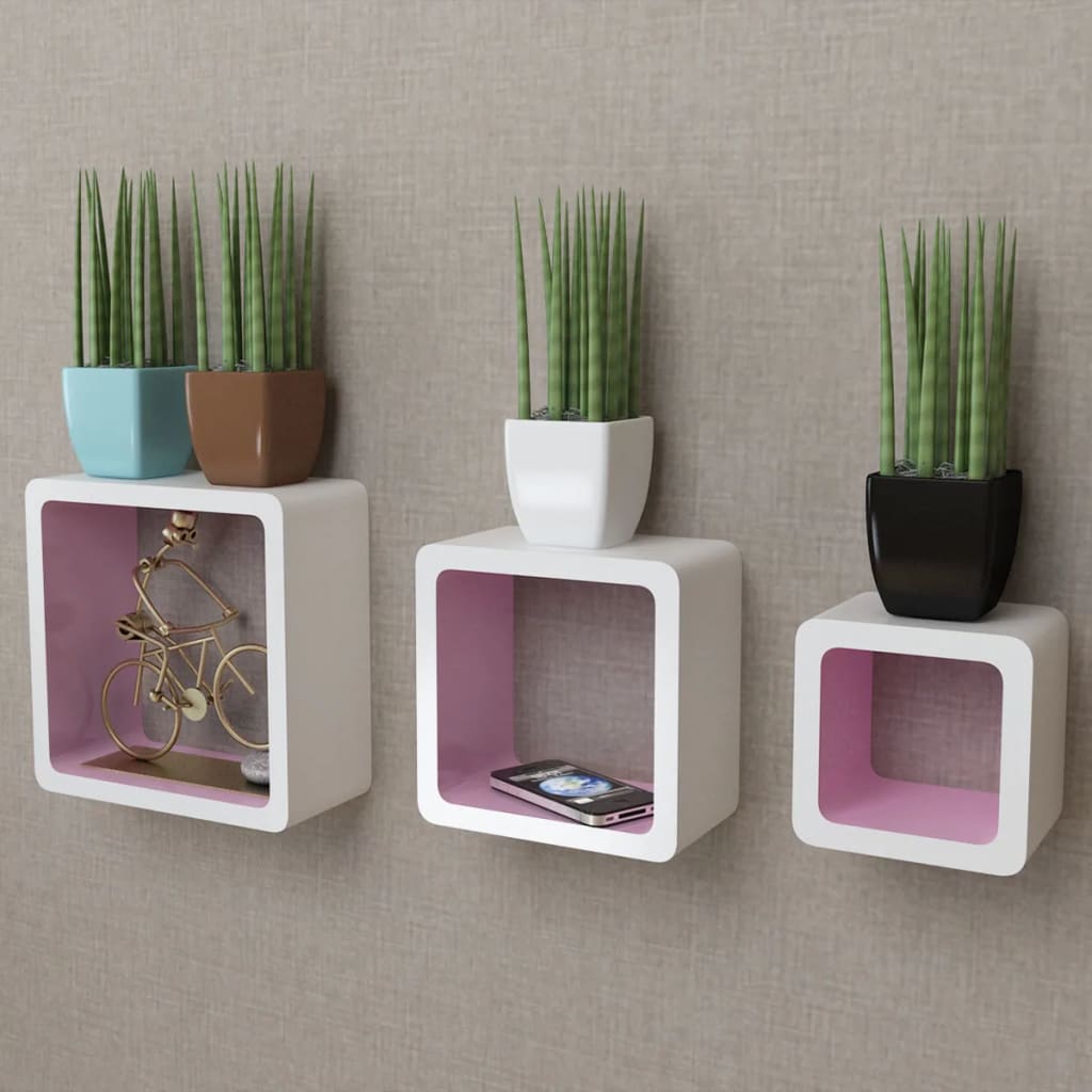 Wandplanken kubus MDF zwevend voor boeken/dvd wit-zwart 3 st