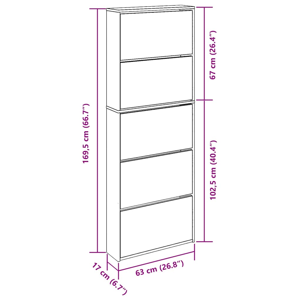 vidaXL Schoenenkast met 5 spiegels 63x17x169,5 cm eikenhout