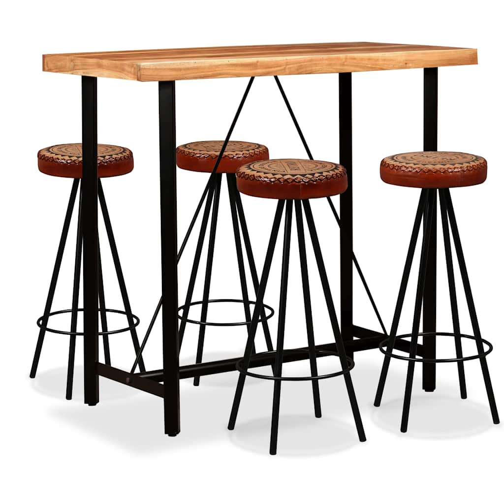 vidaXL 3-delige Barset massief acaciahout, echt leer en canvas