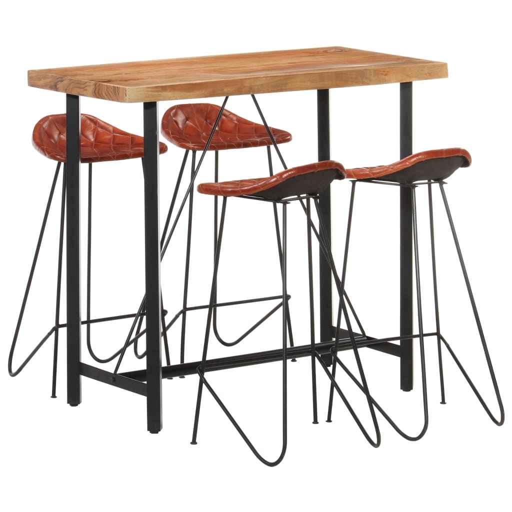 vidaXL 5-delige Barset massief gerecycled hout en echt leer