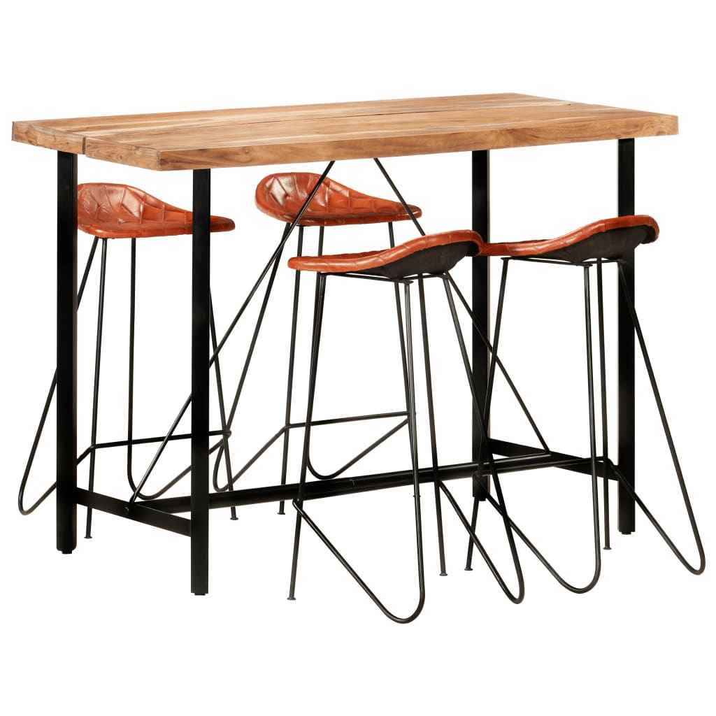 vidaXL 5-delige Barset massief gerecycled hout en echt leer