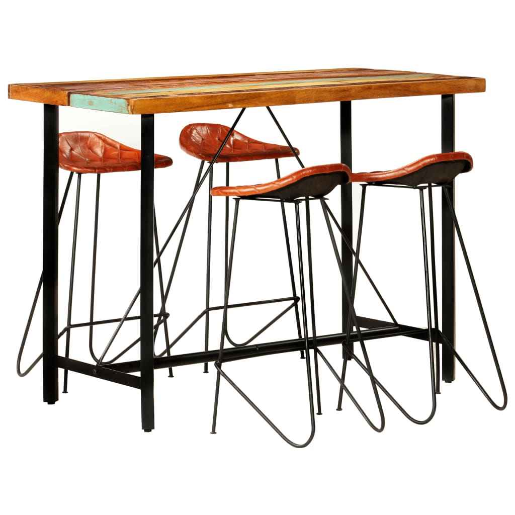 vidaXL 5-delige Barset massief gerecycled hout en echt leer