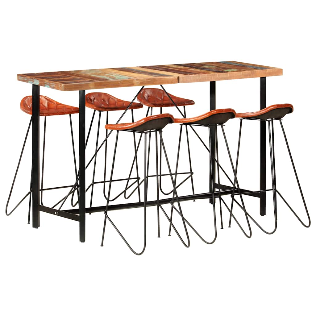 vidaXL 7-delige Barset massief gerecycled hout en echt leer