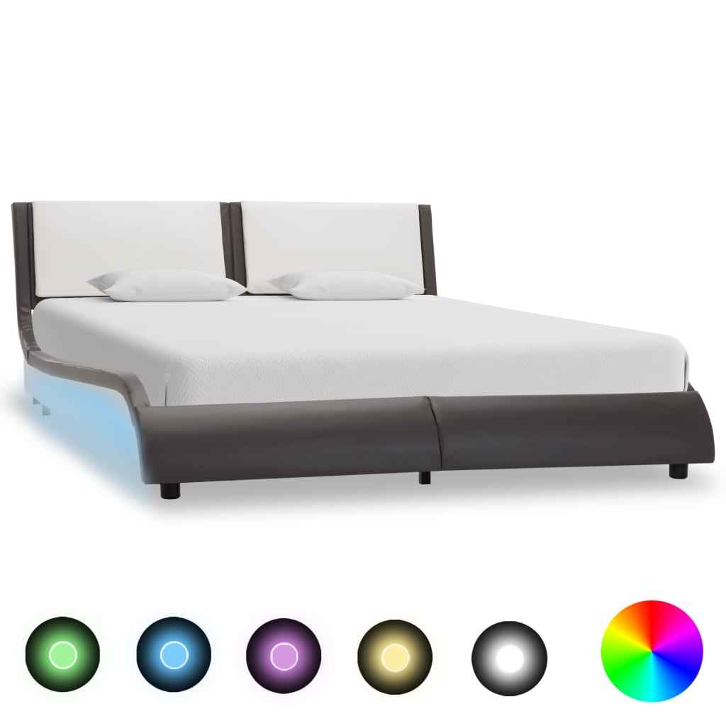 vidaXL Bedframe met LED kunstleer grijs en wit 135x190 cm
