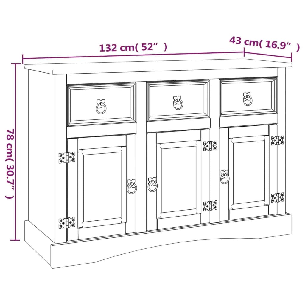 vidaXL Dressoir 132x43x78 cm Mexicaans grenenhout Corona-stijl grijs