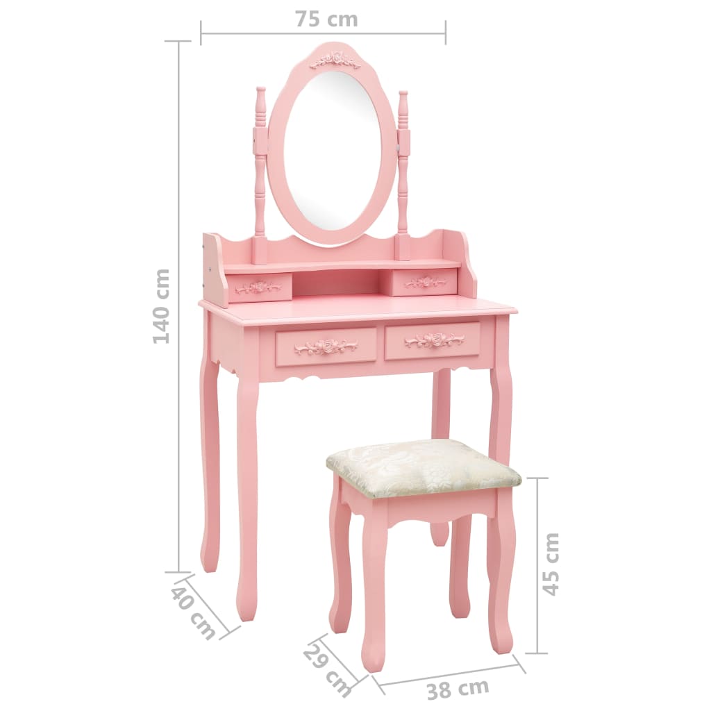 vidaXL Kaptafelset met kruk 75x69x140 cm paulowniahout roze - Aashly
