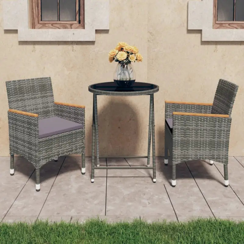 3-delige tuinbistroset met poly rattan en gehard glas voor buitenruimte - Grijs en bruin / Zonder voetensteun - Tuinsets