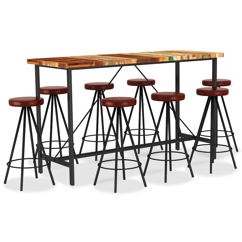 vidaXL 9-delige Barset massief gerecycled hout en echt leer