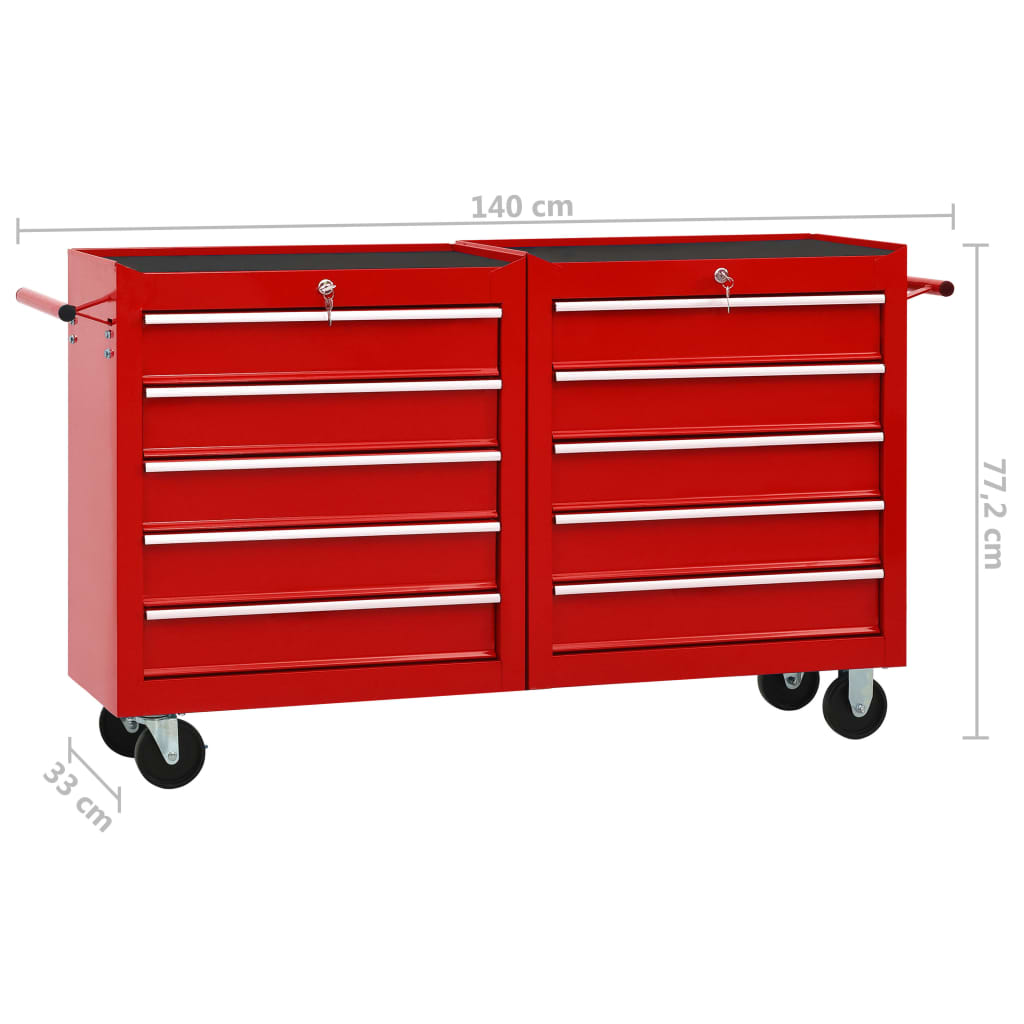 vidaXL Gereedschapswagen met 14 lades staal rood
