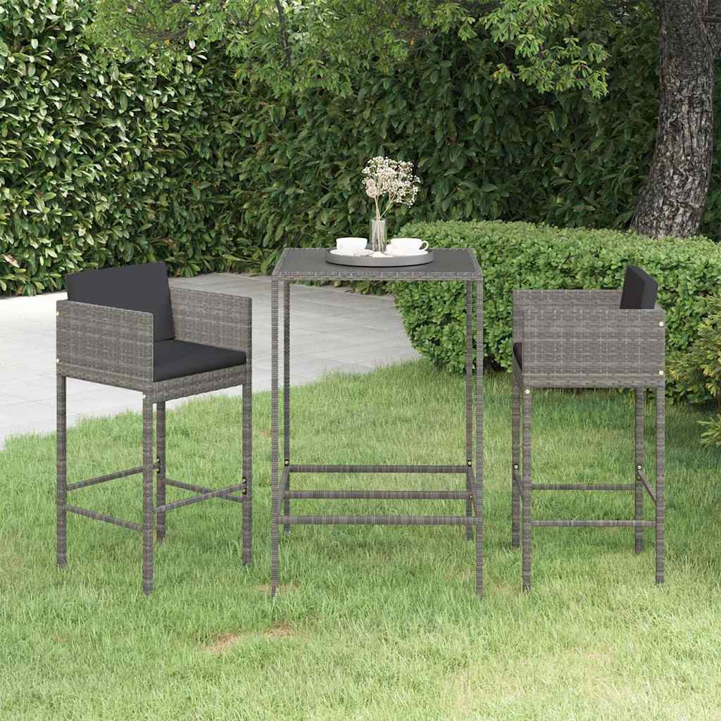 vidaXL 3-delige Tuinbarset met kussens poly rattan zwart