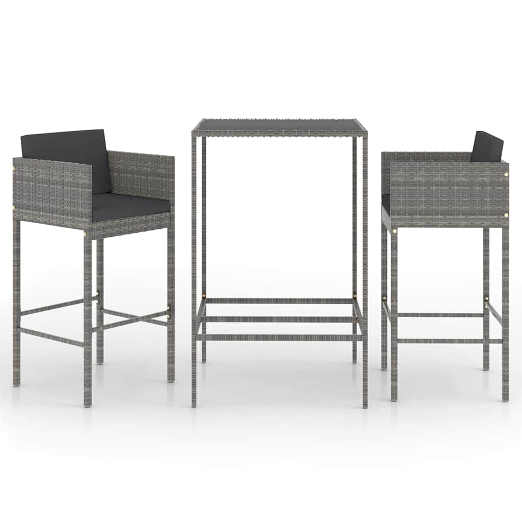vidaXL 3-delige Tuinbarset met kussens poly rattan zwart