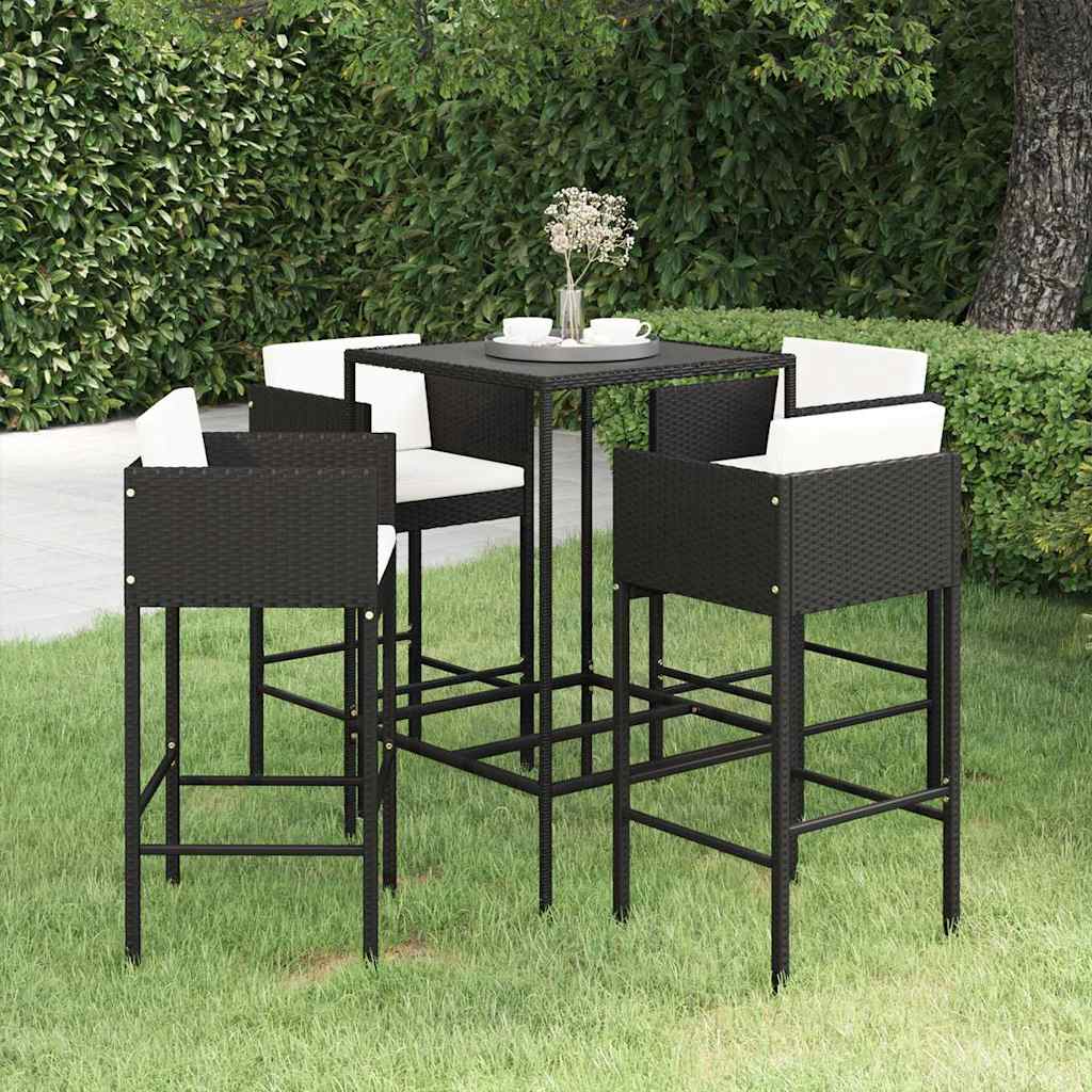 vidaXL 3-delige Tuinbarset met kussens poly rattan zwart