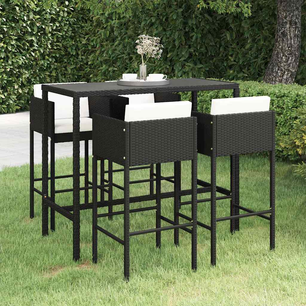 vidaXL 3-delige Tuinbarset met kussens poly rattan zwart