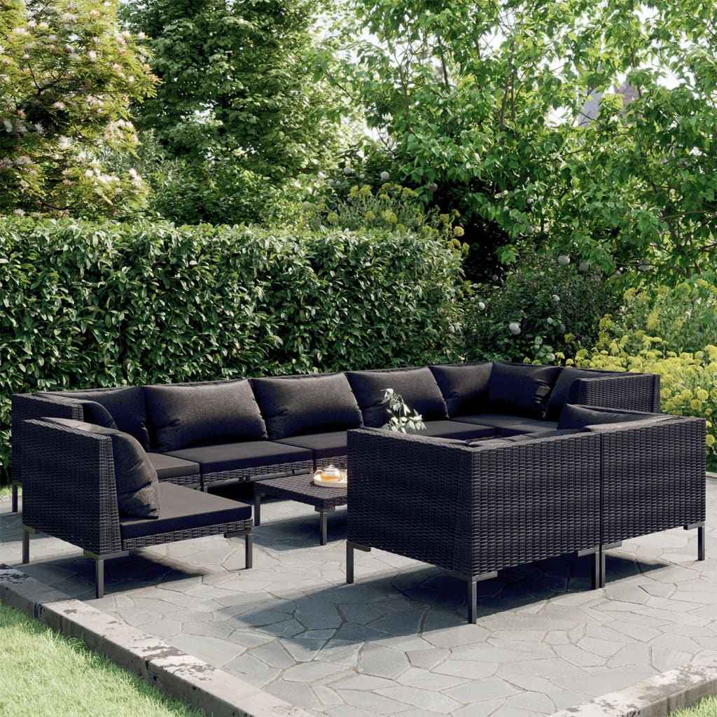 vidaXL 12-delige Loungeset met kussens poly rattan donkergrijs