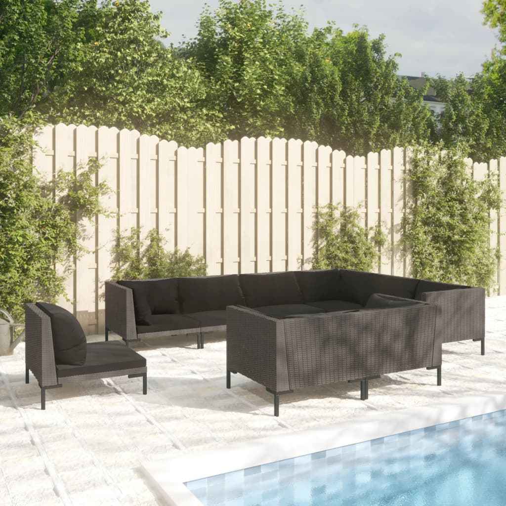 vidaXL 12-delige Loungeset met kussens poly rattan donkergrijs