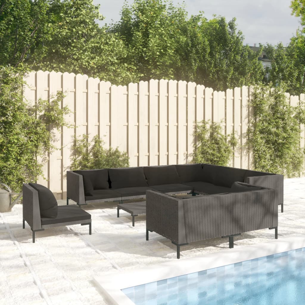 vidaXL 12-delige Loungeset met kussens poly rattan donkergrijs