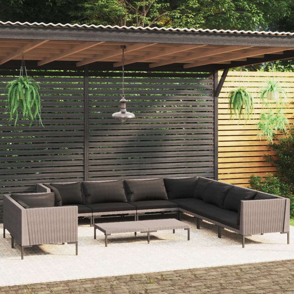 vidaXL 12-delige Loungeset met kussens poly rattan donkergrijs