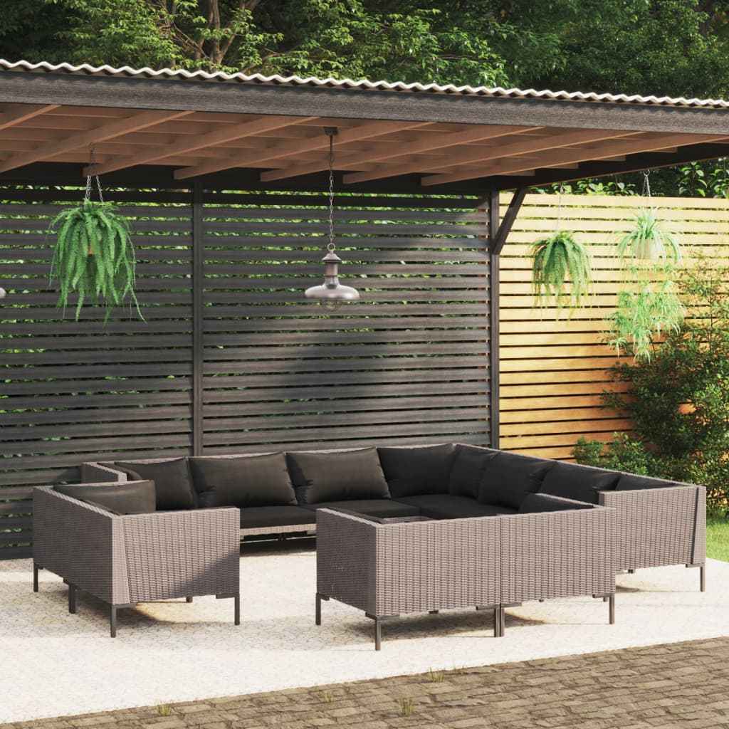 vidaXL 12-delige Loungeset met kussens poly rattan donkergrijs
