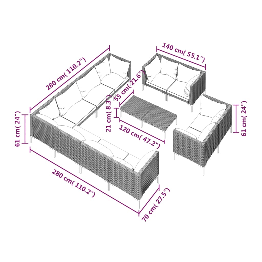 vidaXL 12-delige Loungeset met kussens poly rattan donkergrijs