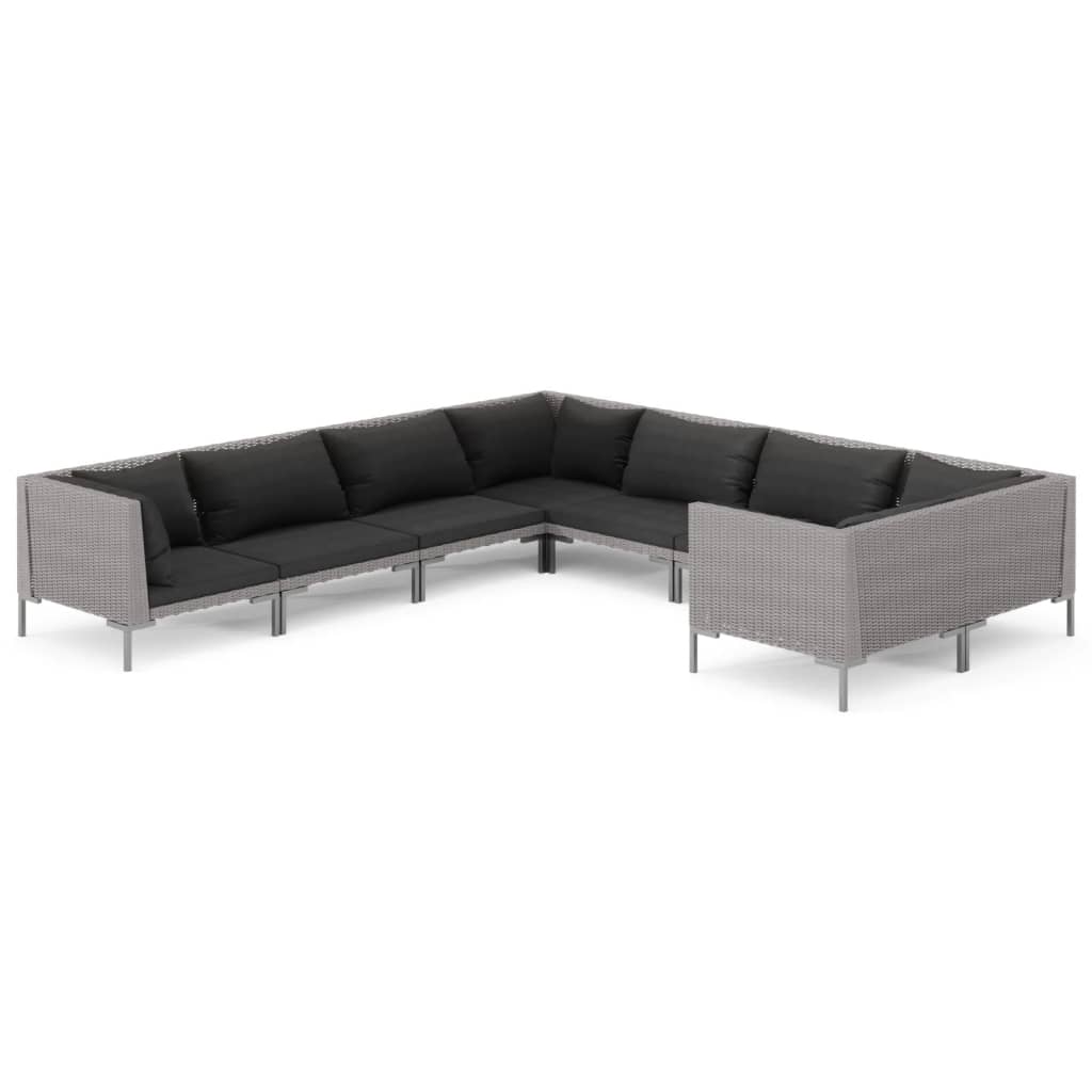 vidaXL 8-delige Loungeset met kussens poly rattan donkergrijs