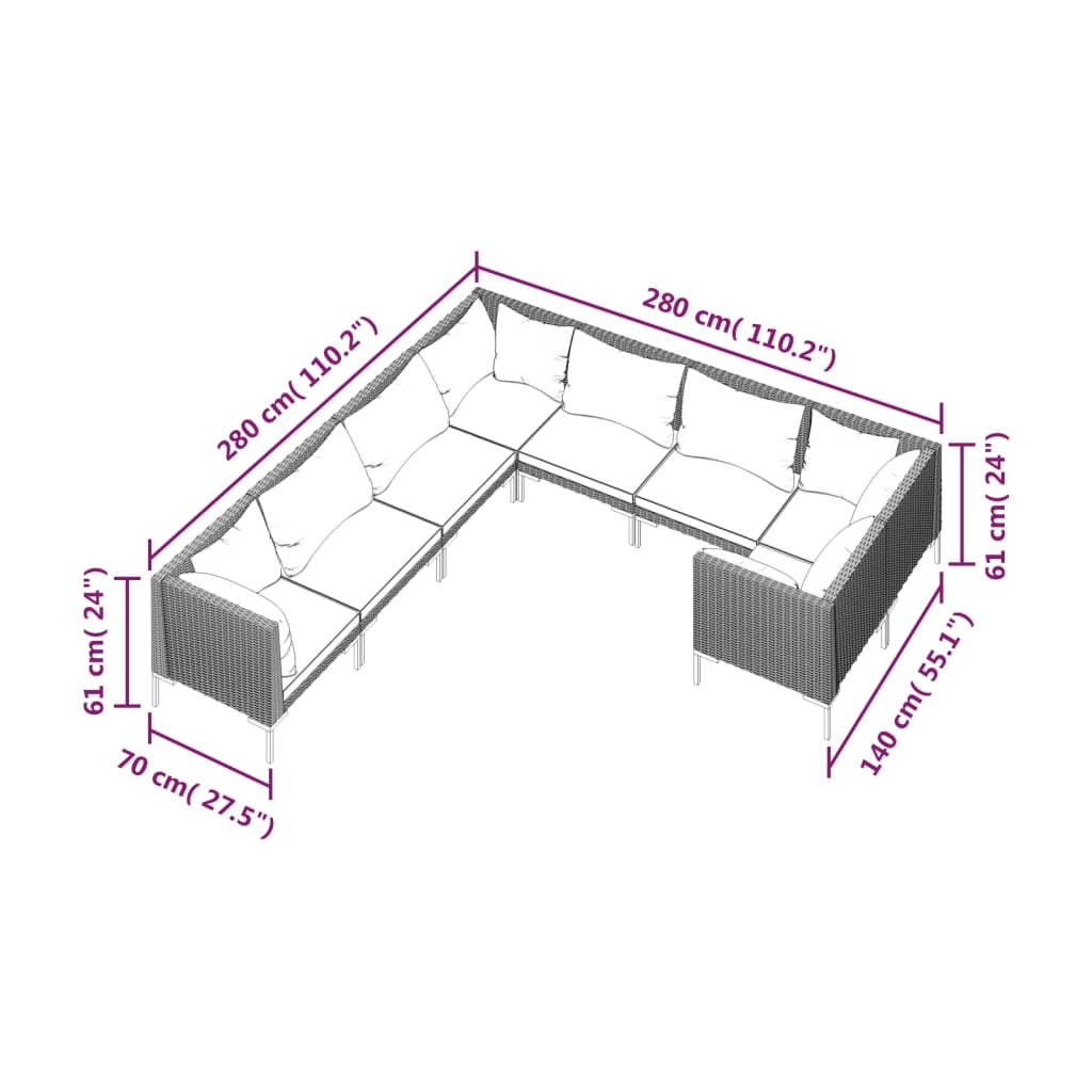 vidaXL 8-delige Loungeset met kussens poly rattan donkergrijs