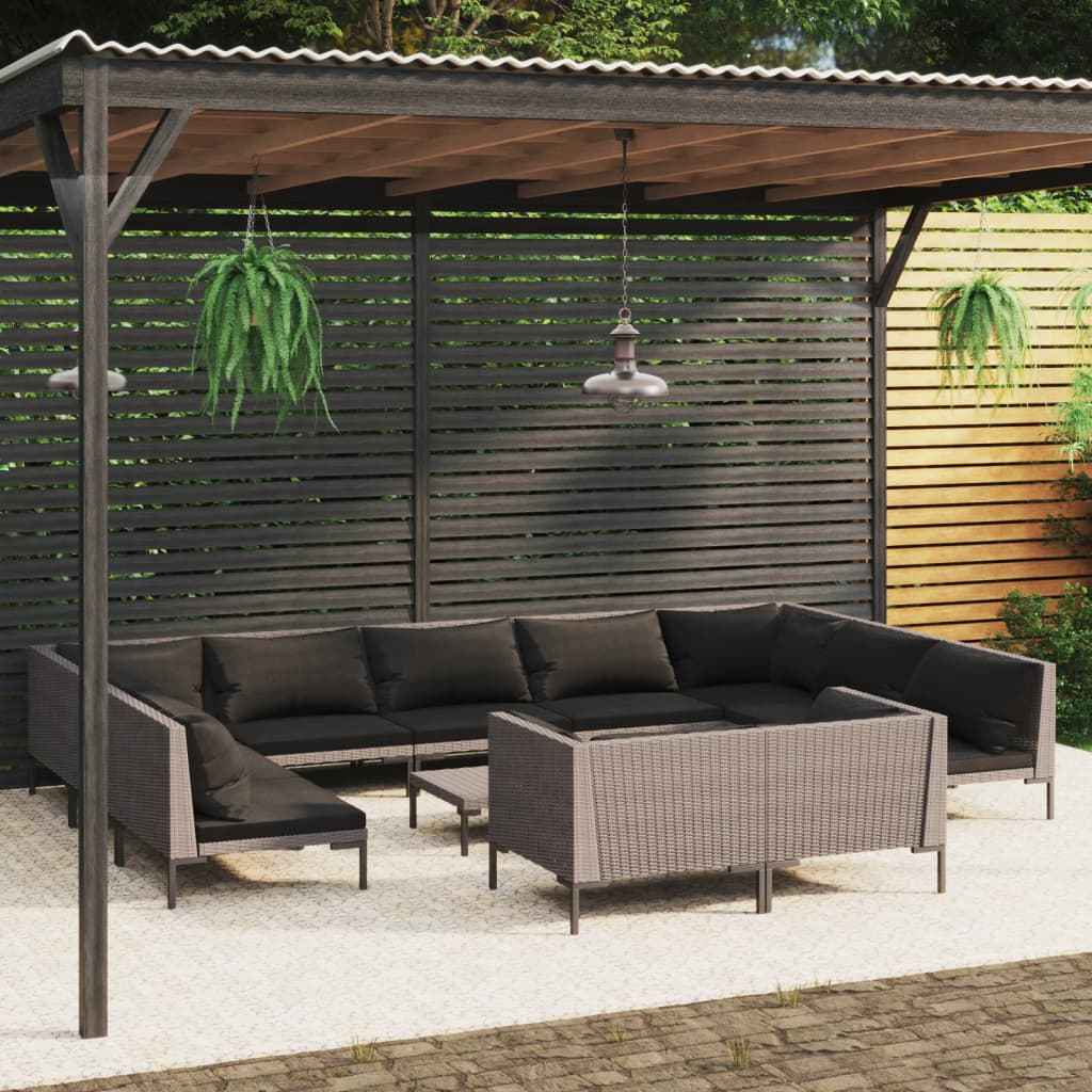 vidaXL 12-delige Loungeset met kussens poly rattan donkergrijs