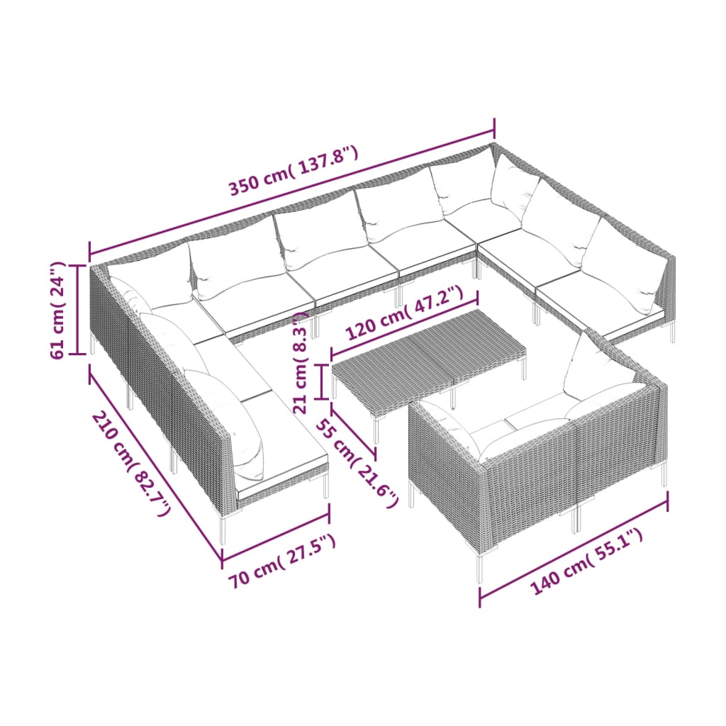 vidaXL 12-delige Loungeset met kussens poly rattan donkergrijs
