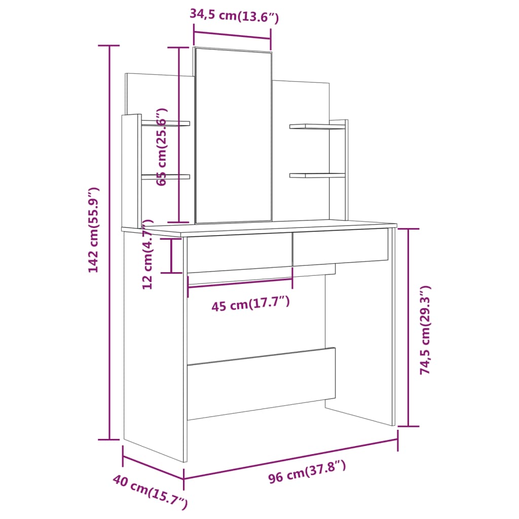 vidaXL Kaptafelset 96x40x142 cm wit