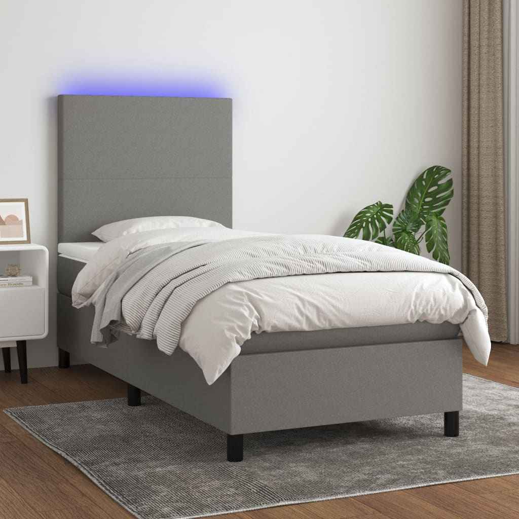 vidaXL Boxspring met matras en LED stof donkergrijs 100x200 cm