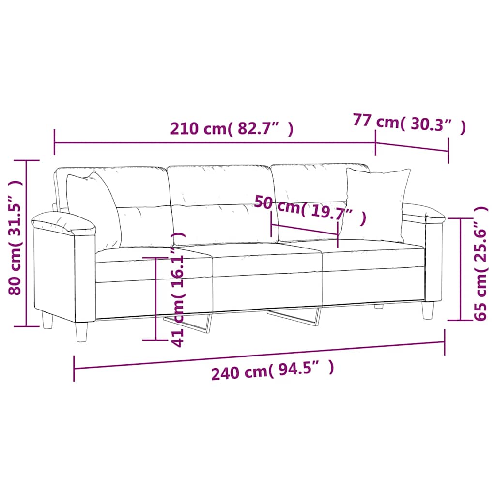 vidaXL Driezitsbank met kussens 210 cm microvezelstof donkergrijs