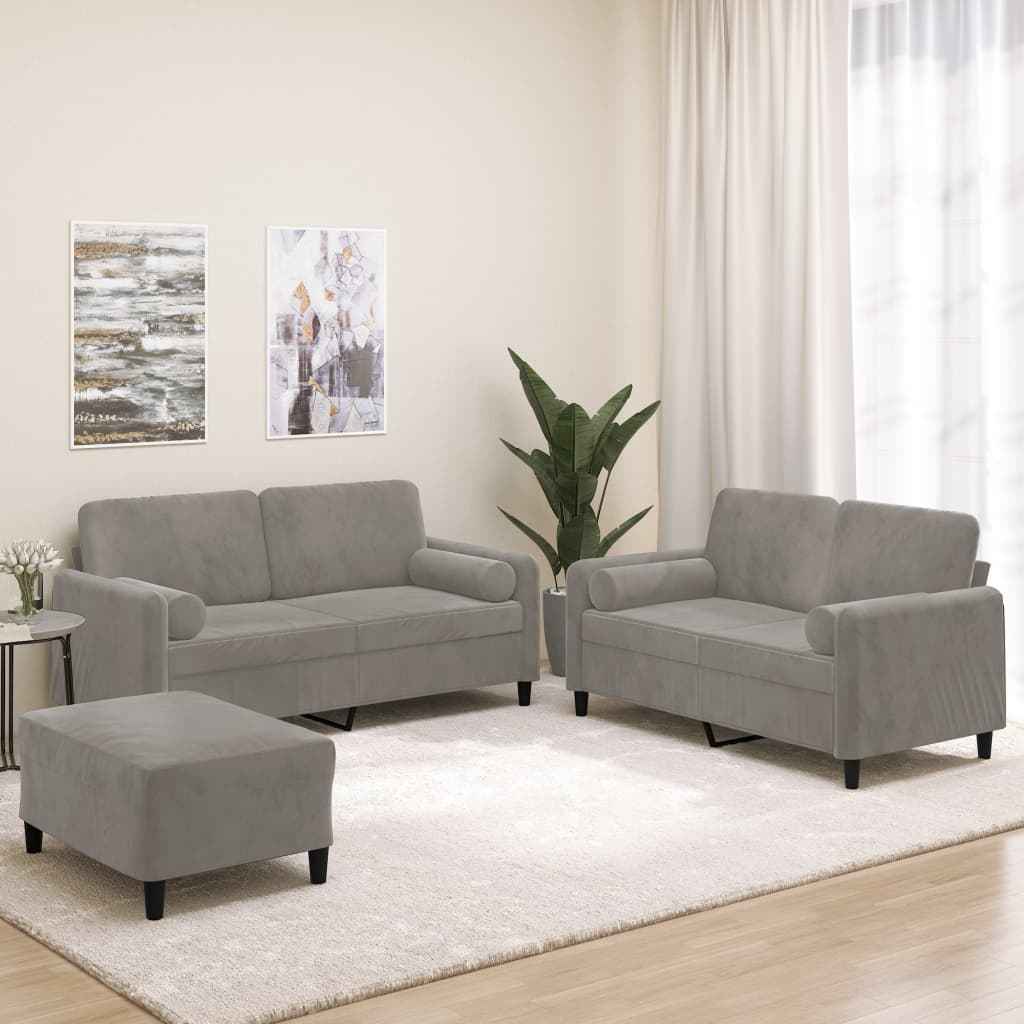 vidaXL 3-delige Loungeset met sierkussens & kussens fluweel lichtgrijs