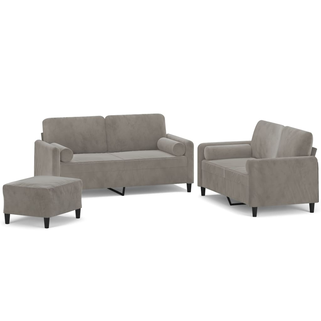 vidaXL 3-delige Loungeset met sierkussens & kussens fluweel lichtgrijs