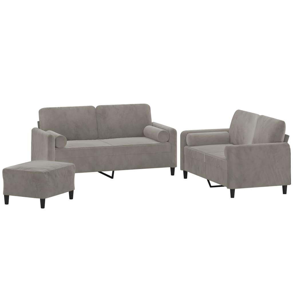 vidaXL 3-delige Loungeset met sierkussens & kussens fluweel lichtgrijs