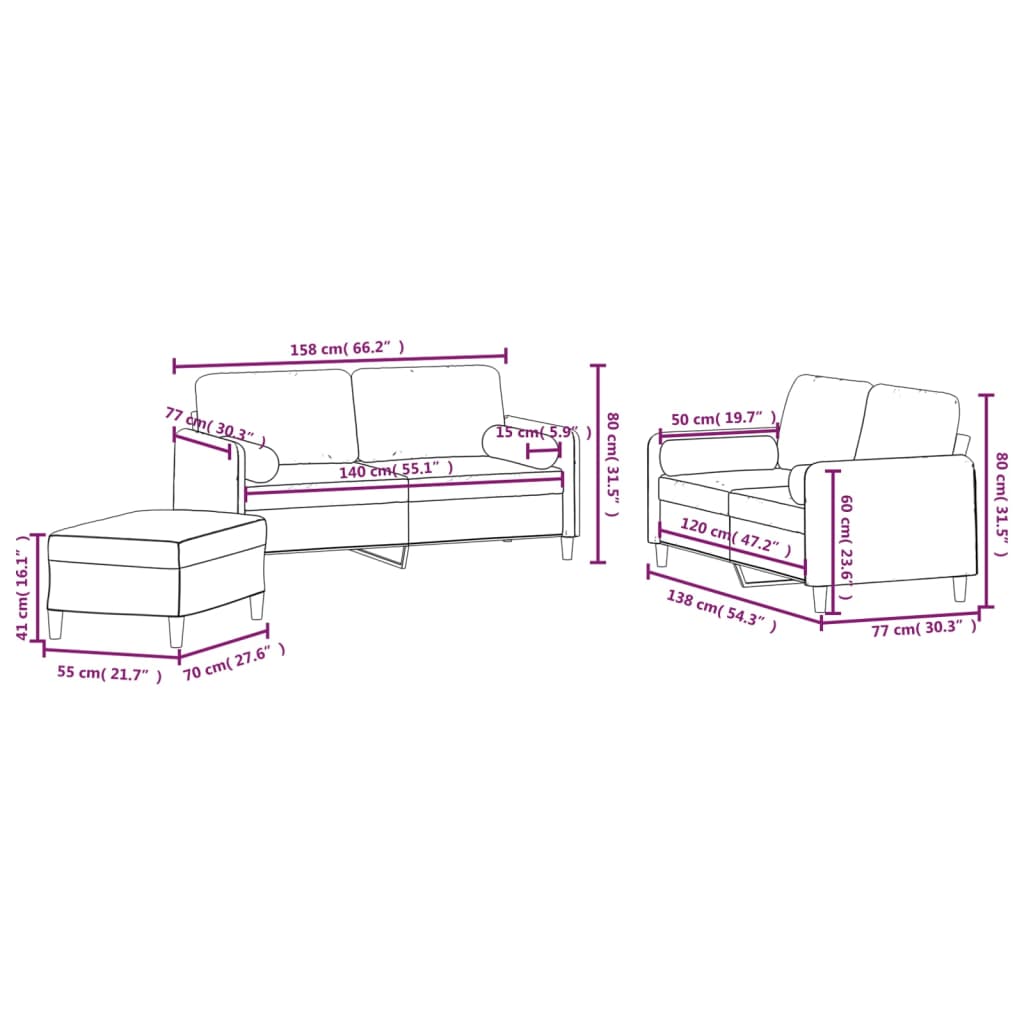 vidaXL 3-delige Loungeset met sierkussens & kussens fluweel lichtgrijs