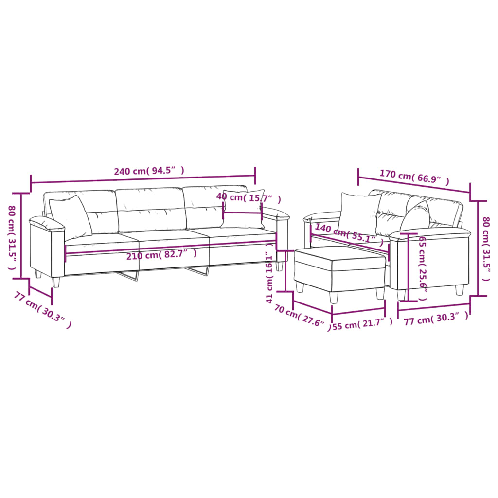 vidaXL 3-delige Loungeset met kussens microvezelstof donkergrijs