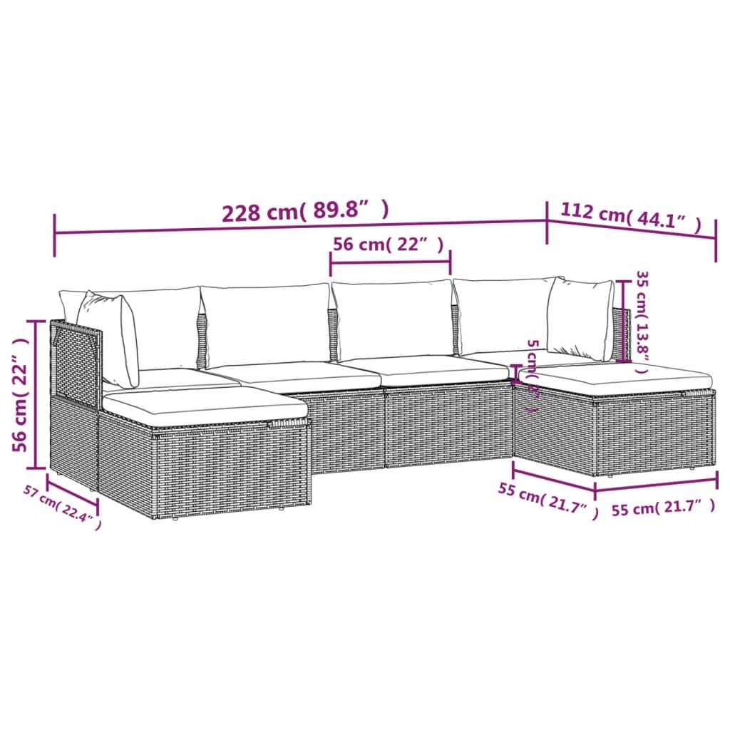 vidaXL 6-delige Loungeset met kussens poly rattan grijs
