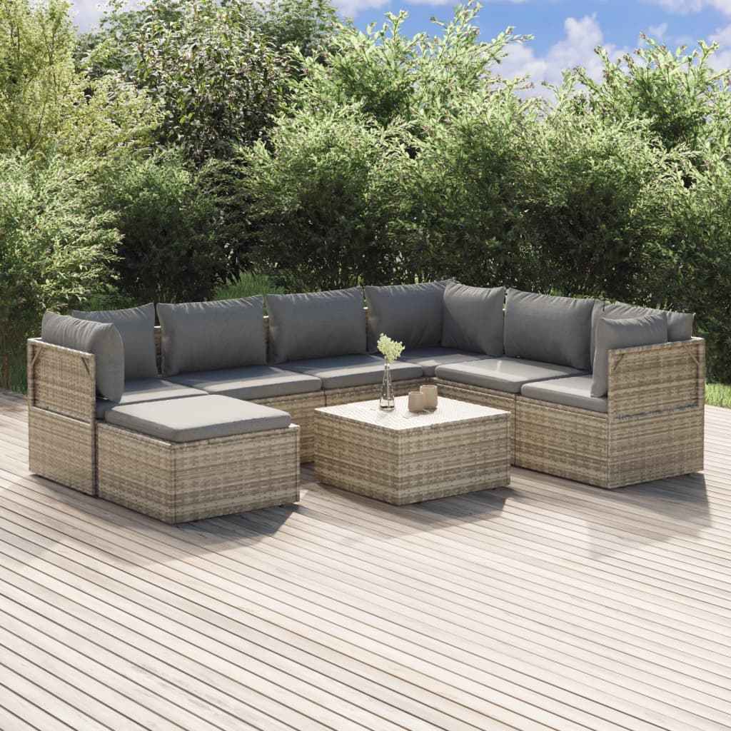 vidaXL 8-delige Loungeset met kussens poly rattan grijs