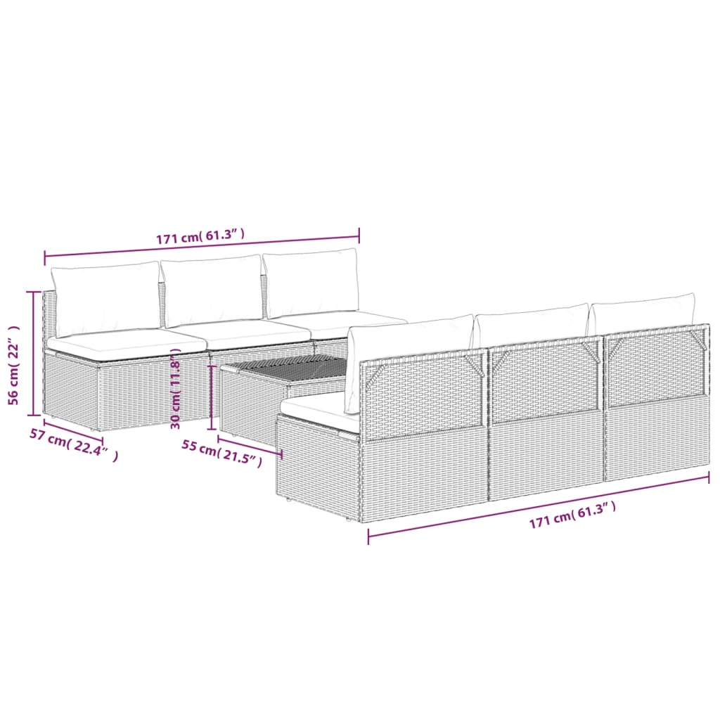 vidaXL 7-delige Loungeset met kussens poly rattan grijs