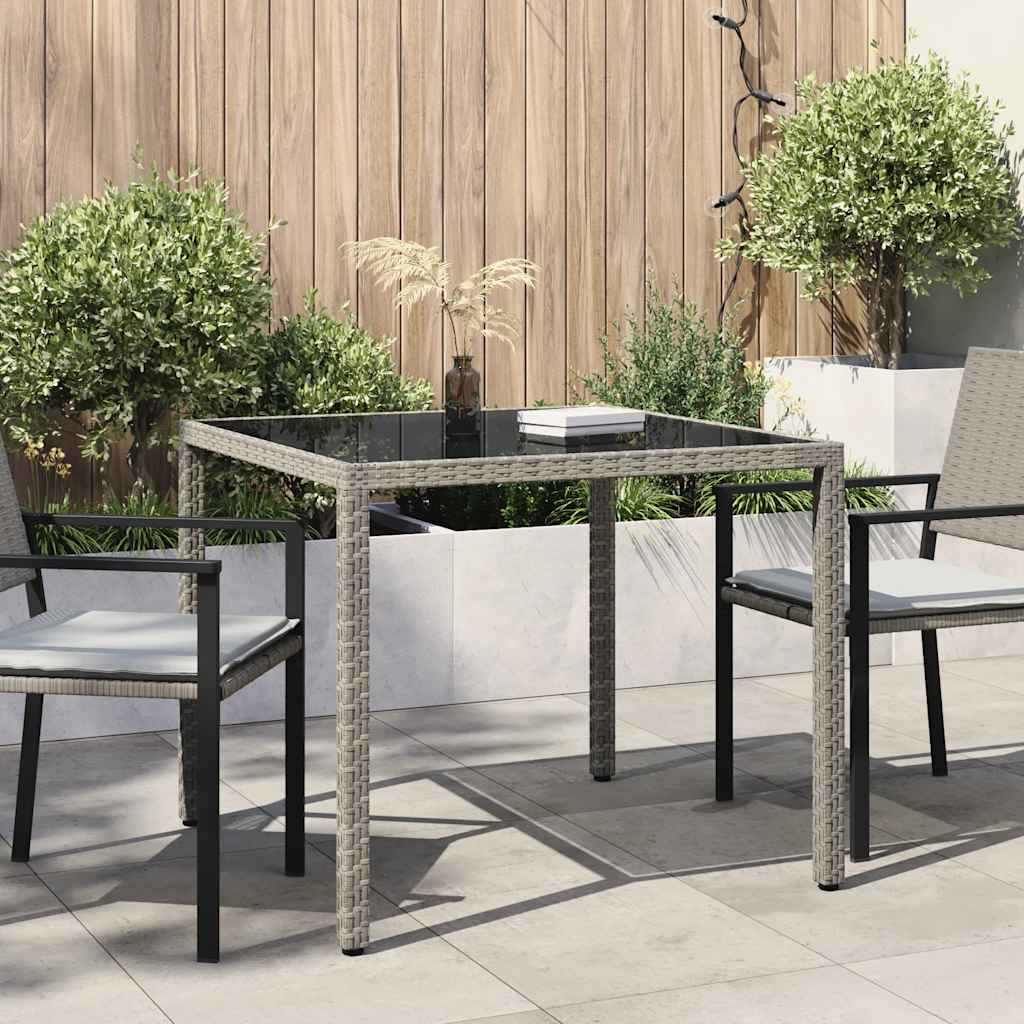 vidaXL Tuintafel 90x90x75 cm gehard glas en poly rattan grijs