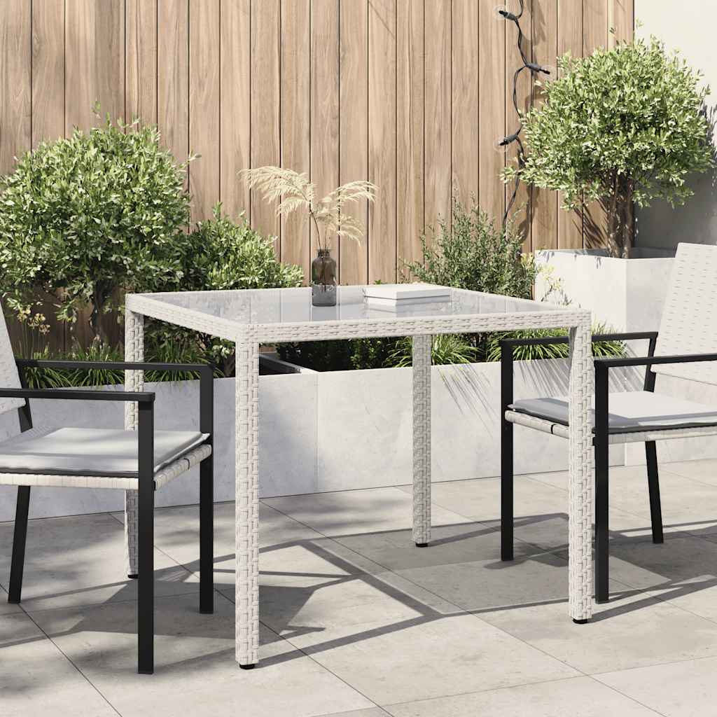 vidaXL Tuintafel 90x90x75 cm gehard glas en poly rattan grijs