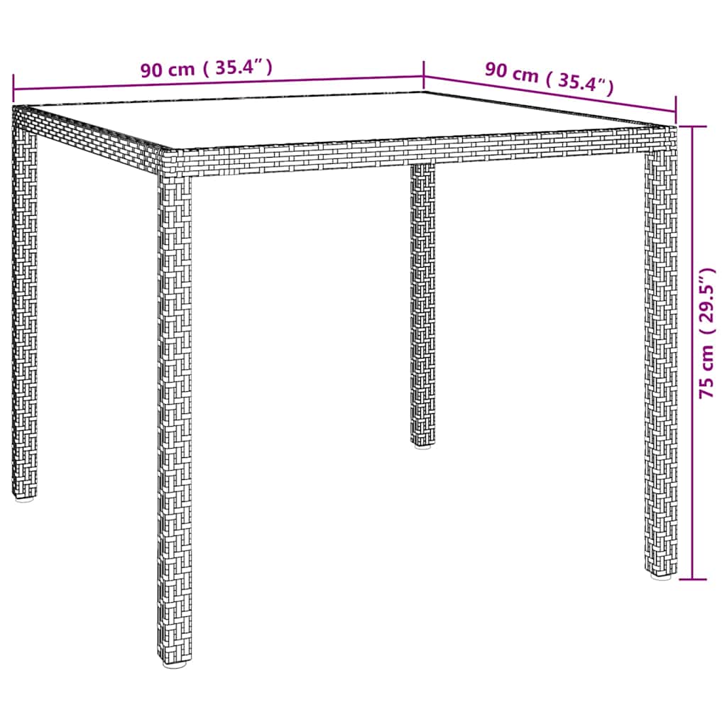 vidaXL Tuintafel 90x90x75 cm gehard glas en poly rattan grijs