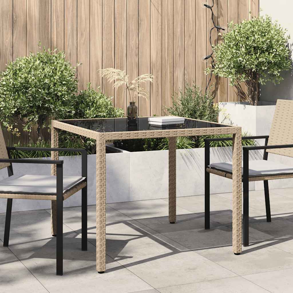 vidaXL Tuintafel 90x90x75 cm gehard glas en poly rattan grijs