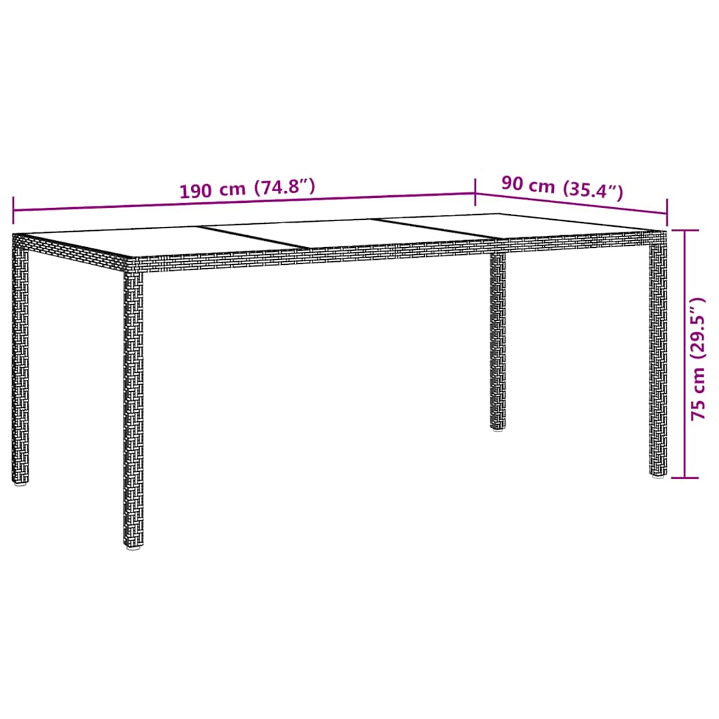 vidaXL Tuintafel 190x90x75 cm gehard glas en poly rattan bruin