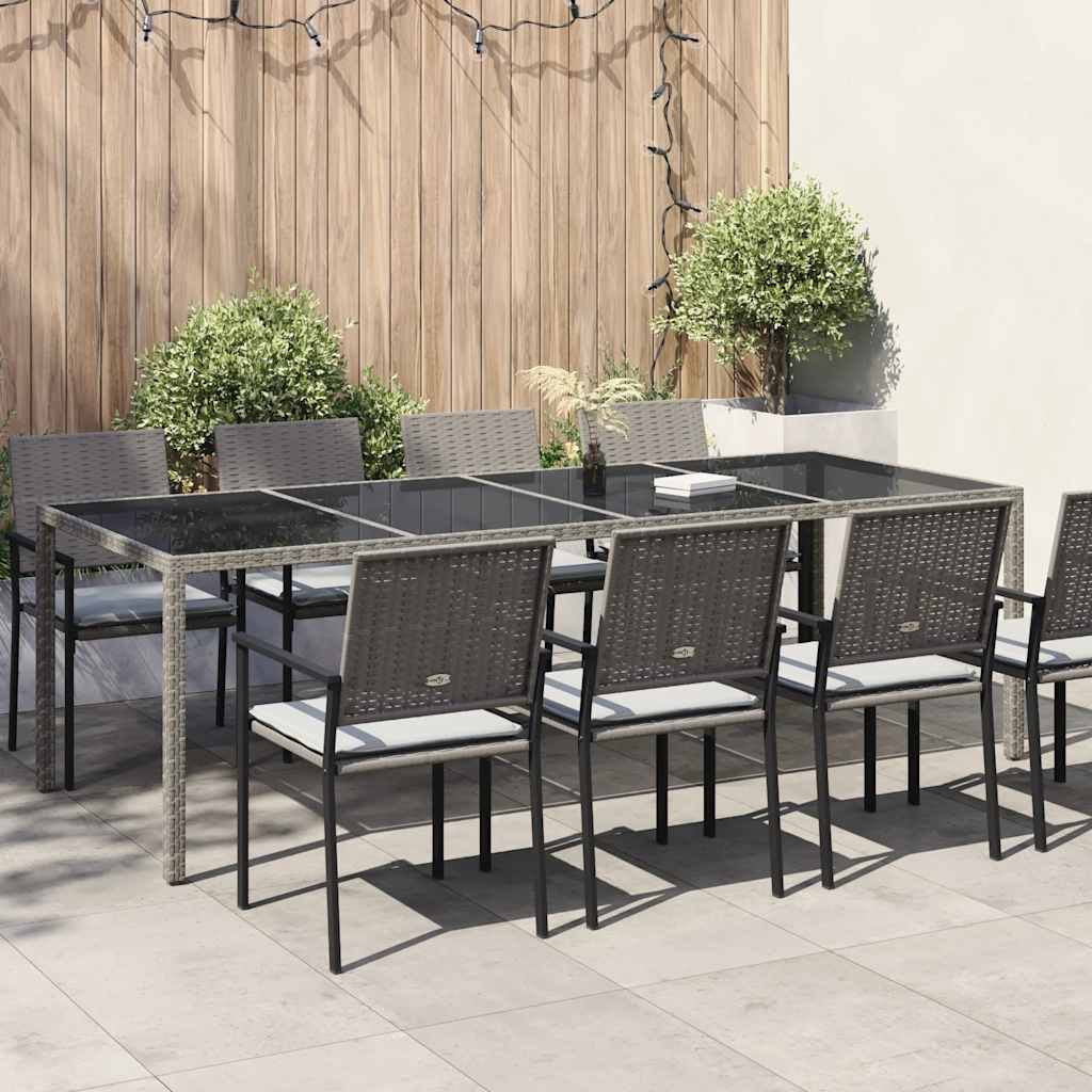 vidaXL Tuintafel 250x100x75 cm gehard glas en poly rattan grijs