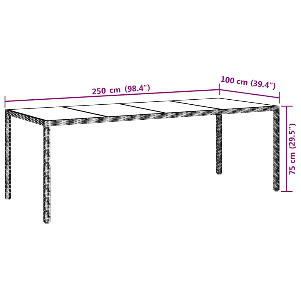 vidaXL Tuintafel 250x100x75 cm gehard glas en poly rattan grijs