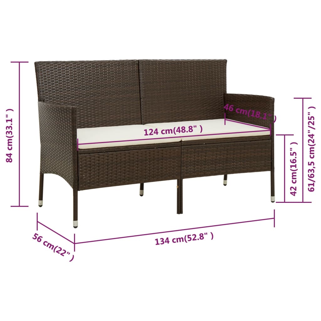 vidaXL Tuinbank 3-zits met kussen poly rattan bruin
