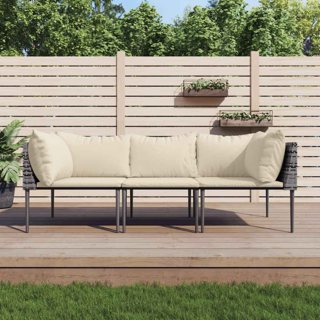 vidaXL 3-delige Loungeset met kussens poly rattan grijs
