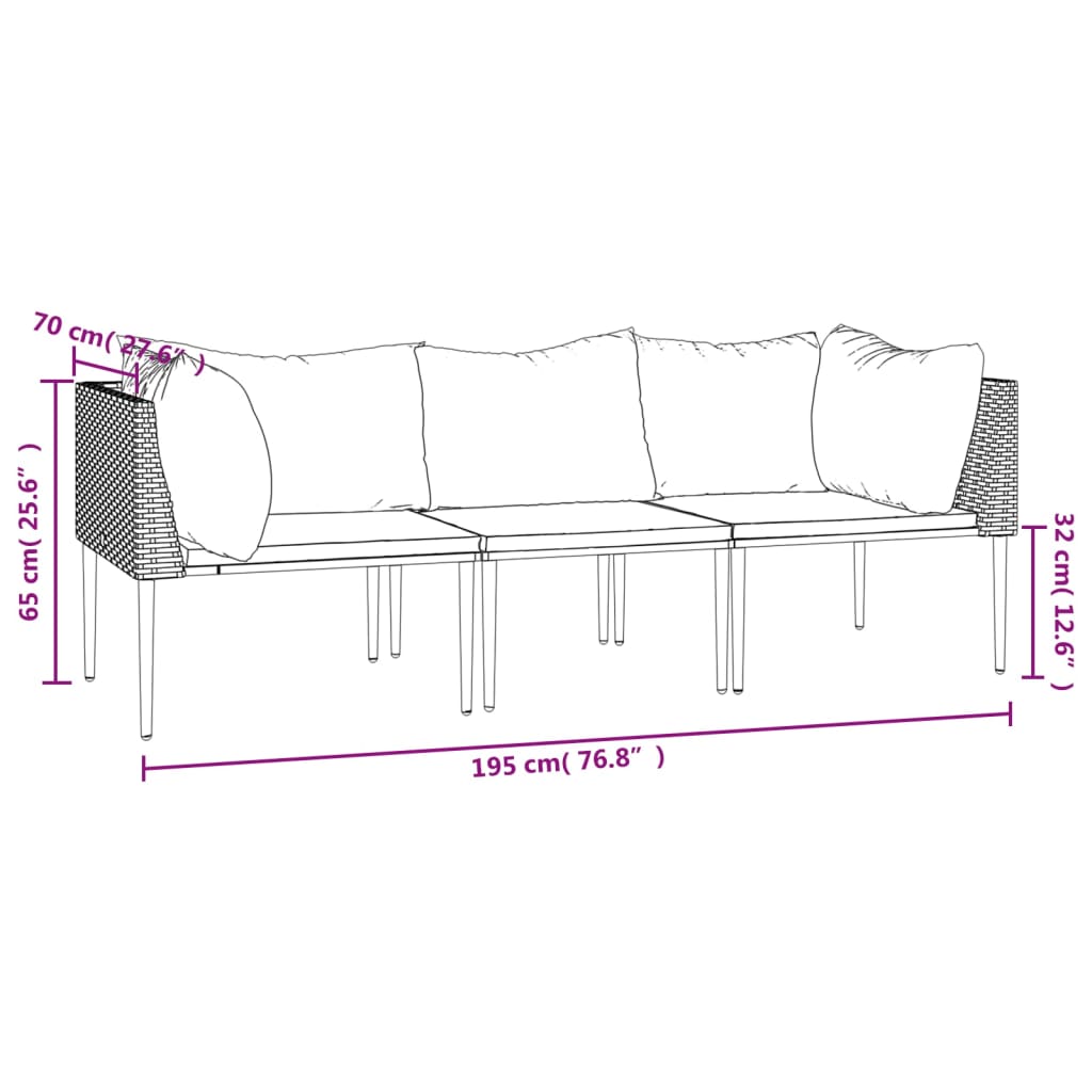 vidaXL 3-delige Loungeset met kussens poly rattan grijs