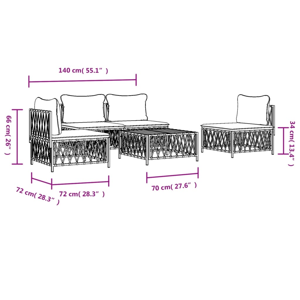 vidaXL 5-delige Loungeset met kussens staal wit